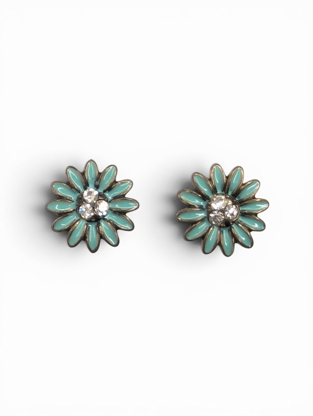 Vintage Teal/Turquoise Enamel Daisy Rhinestone Center Stud Earrings